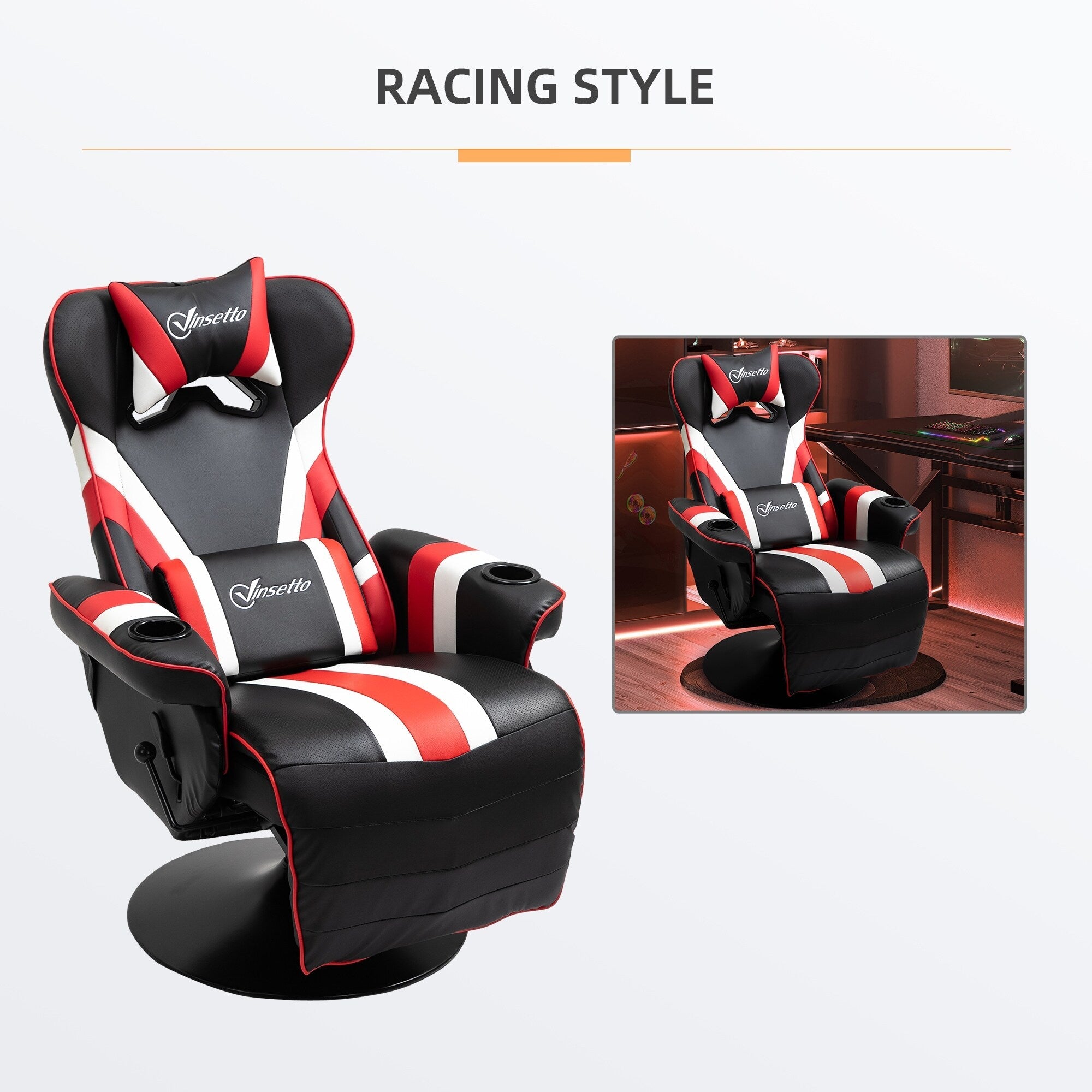 Fauteuil de jeu inclinable pivotant à 360°, style course, avec support lombaire, repose-pieds et deux porte-gobelets pour salle de jeux