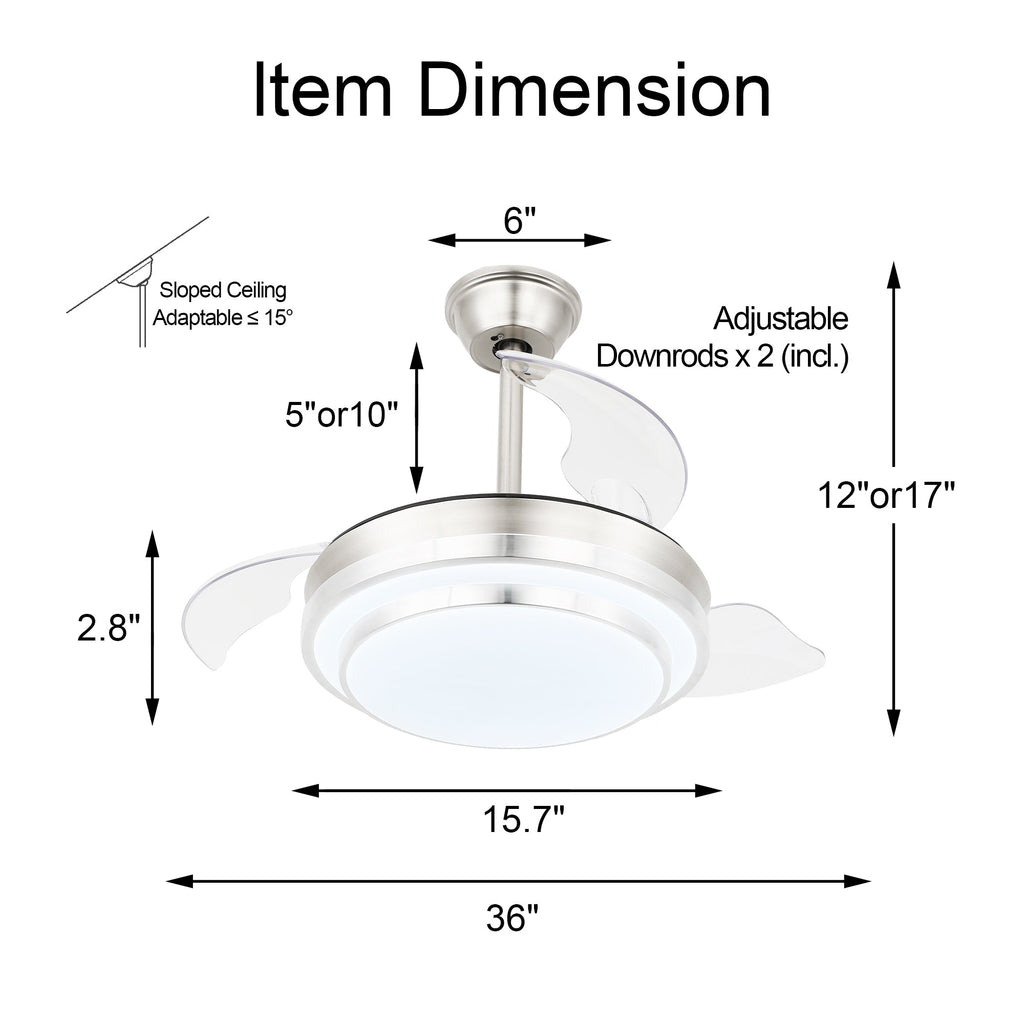Ventilateur de plafond rétractable moderne Bella Depot 36 avec éclairage LED, pales réversibles à 6 vitesses et télécommande