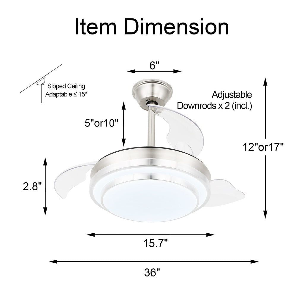 Ventilateur de plafond rétractable moderne Bella Depot 36 avec éclairage LED, pales réversibles à 6 vitesses et télécommande