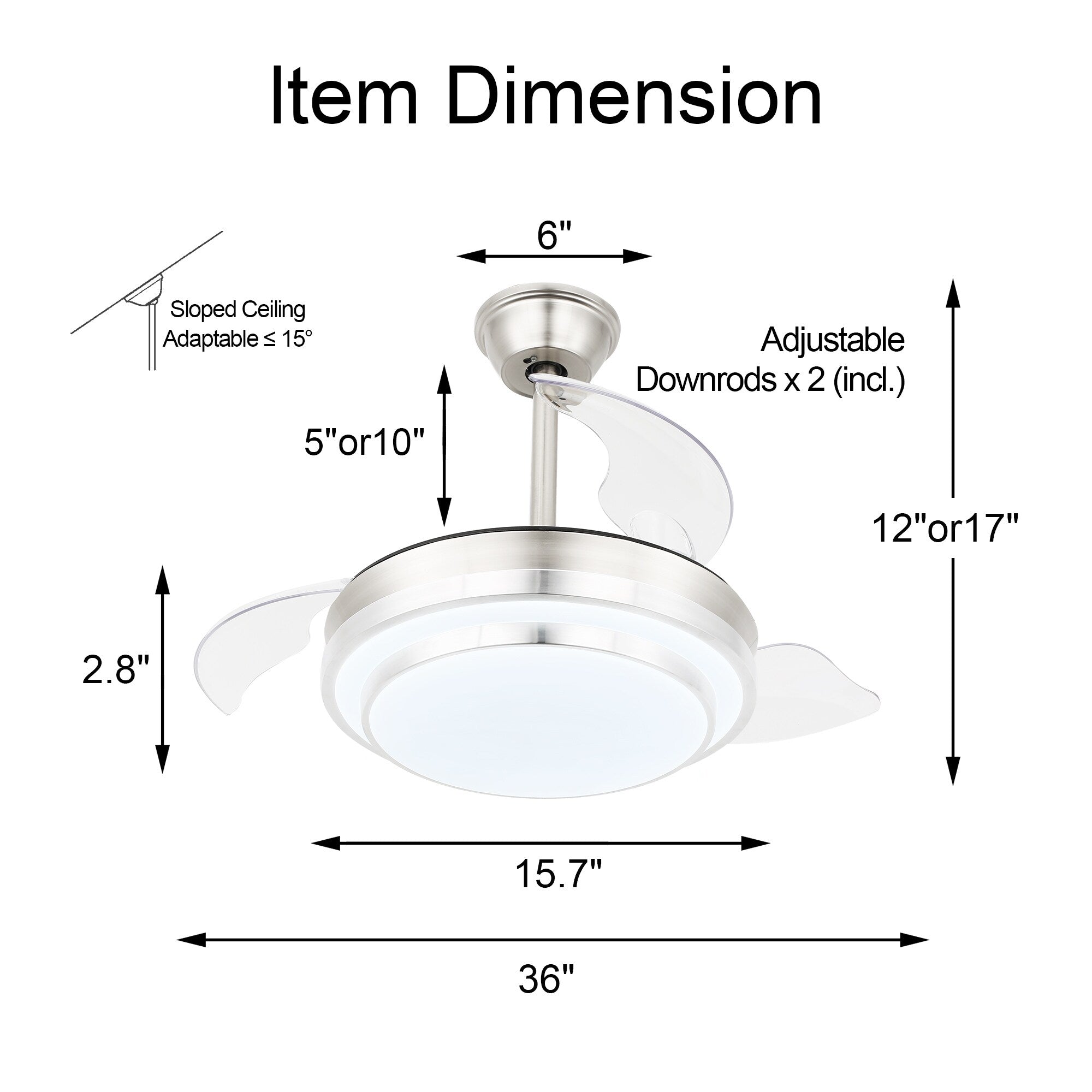 Ventilateur de plafond rétractable moderne Bella Depot 36 avec éclairage LED, pales réversibles à 6 vitesses et télécommande
