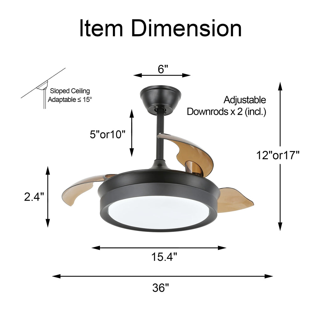 Ventilateur de plafond rétractable moderne Bella Depot 36 avec éclairage LED, pales réversibles à 6 vitesses et télécommande