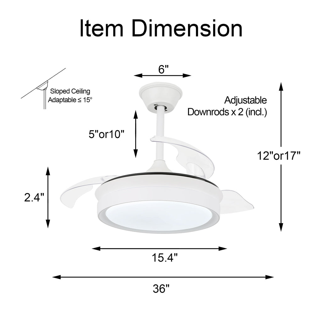 Ventilateur de plafond rétractable moderne Bella Depot 36 avec éclairage LED, pales réversibles à 6 vitesses et télécommande