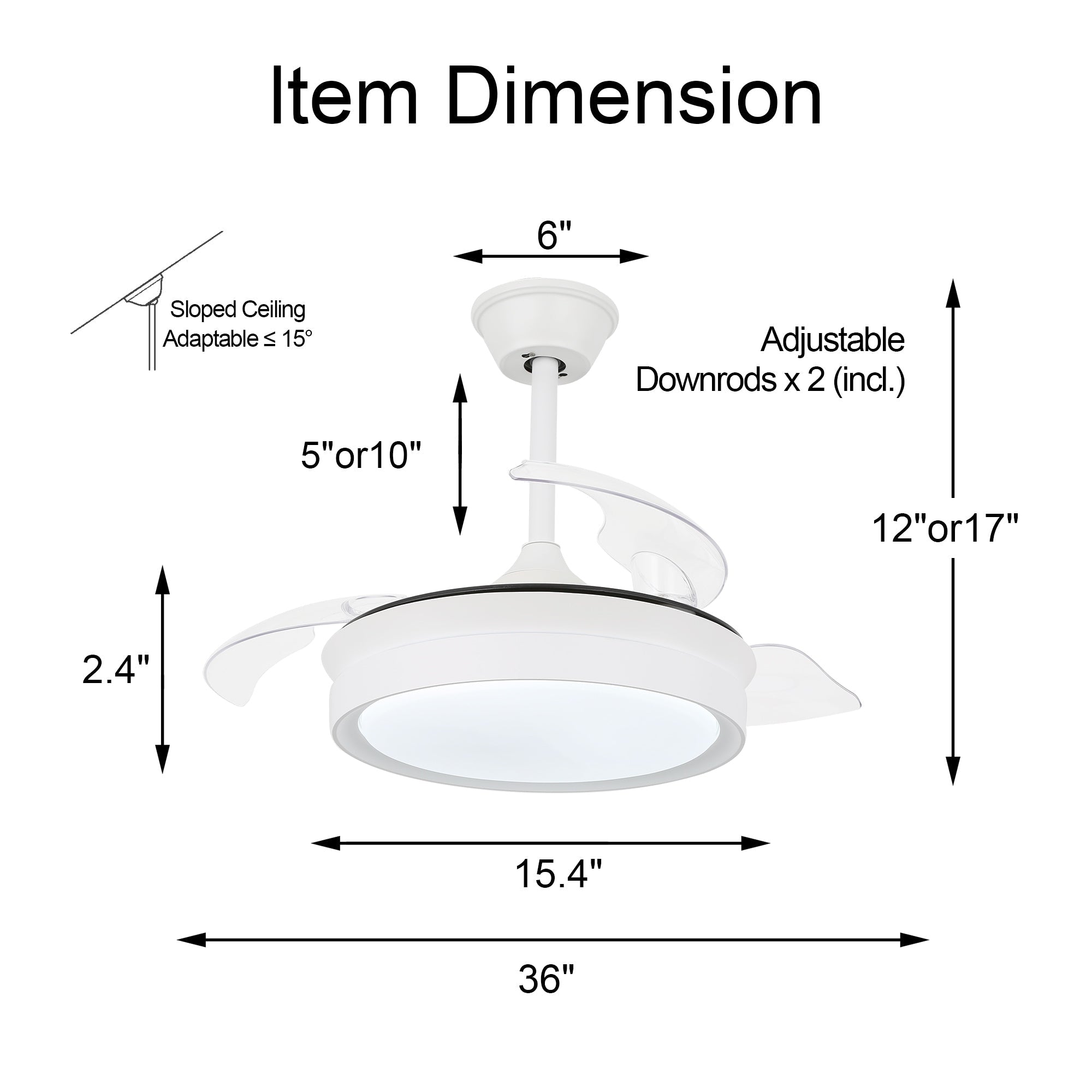 Ventilateur de plafond rétractable moderne Bella Depot 36 avec éclairage LED, pales réversibles à 6 vitesses et télécommande
