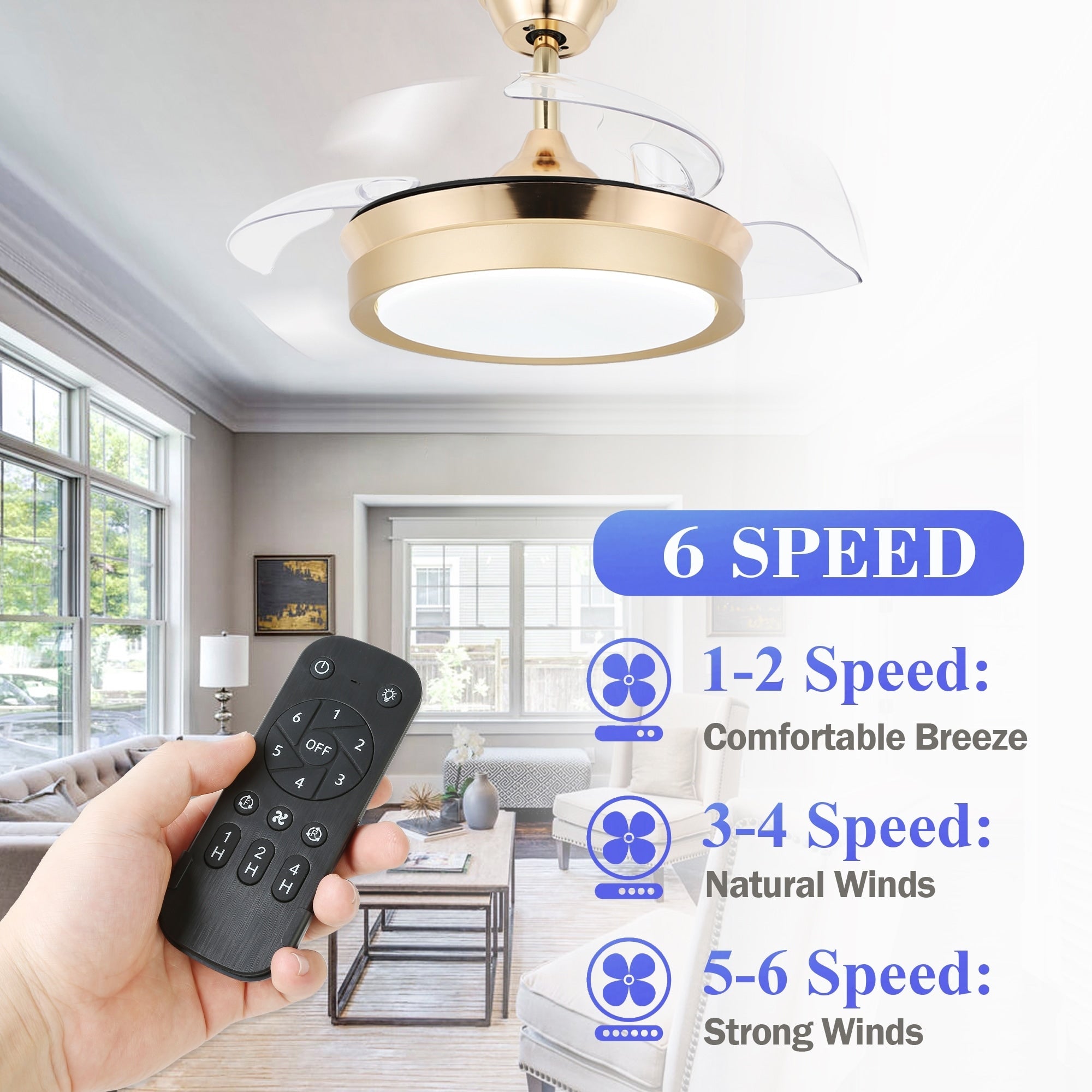 Ventilateur de plafond rétractable moderne Bella Depot 36 avec éclairage LED, pales réversibles à 6 vitesses et télécommande