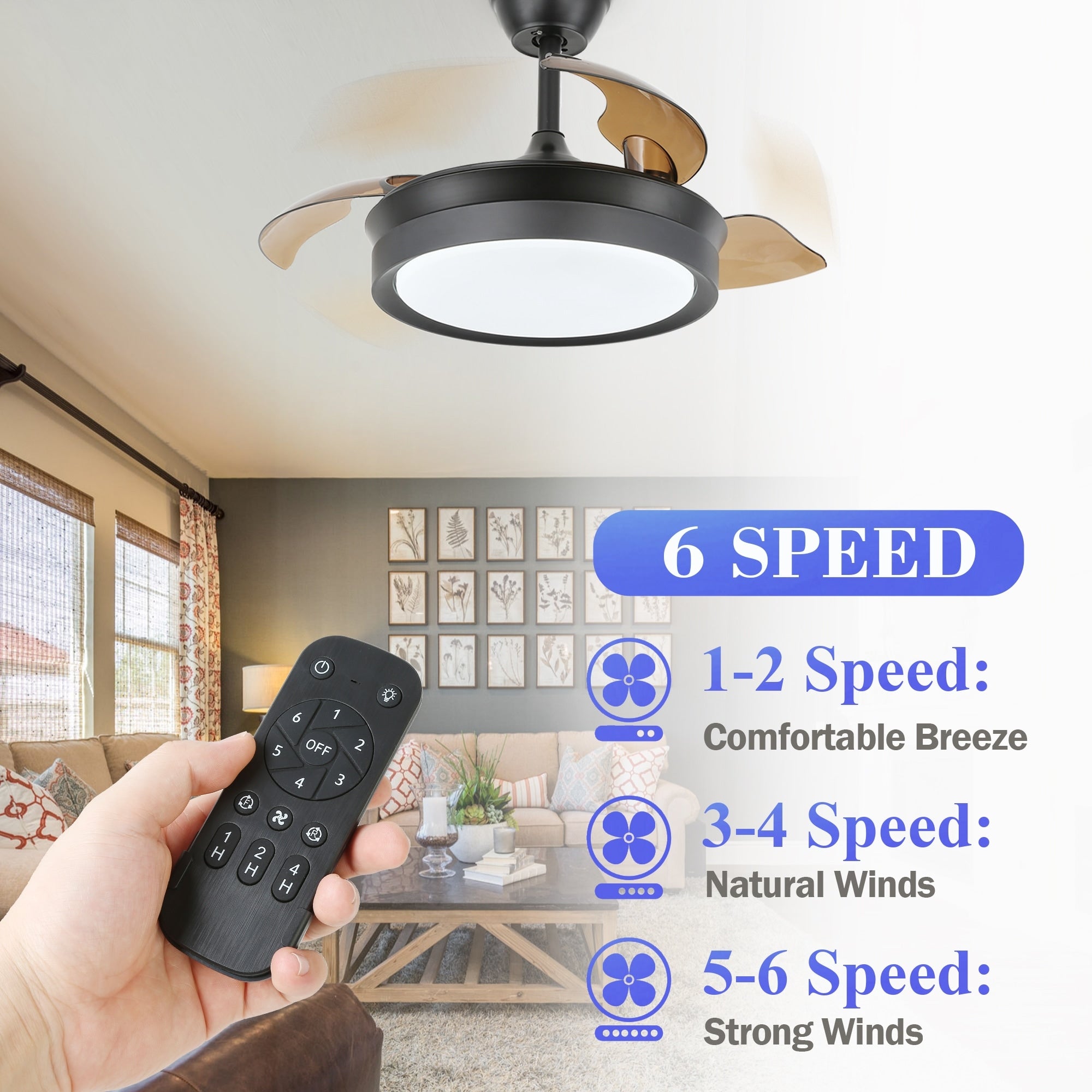 Ventilateur de plafond rétractable moderne Bella Depot 36 avec éclairage LED, pales réversibles à 6 vitesses et télécommande