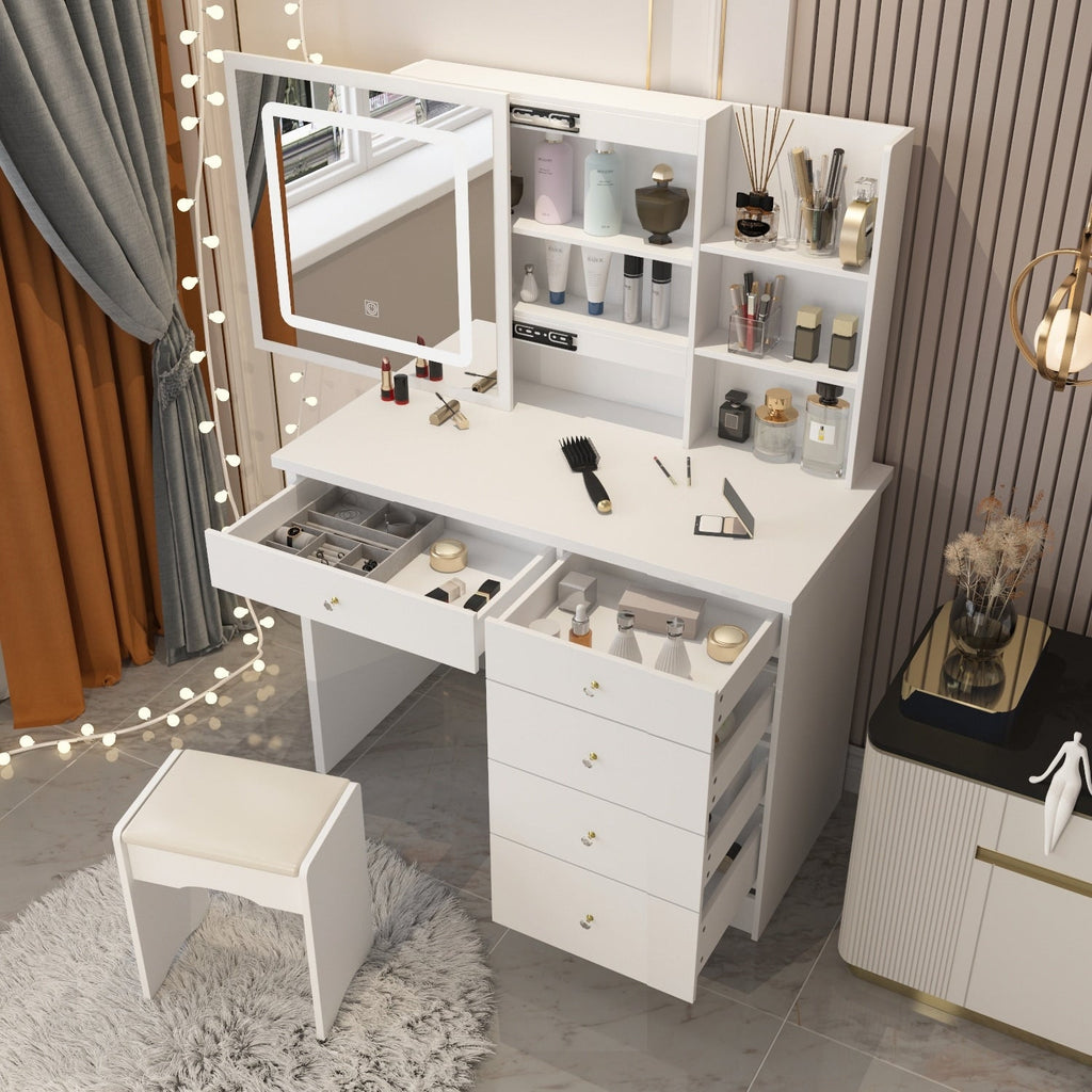Ensemble de coiffeuse de maquillage de 39,4 po de large avec tabouret et miroir