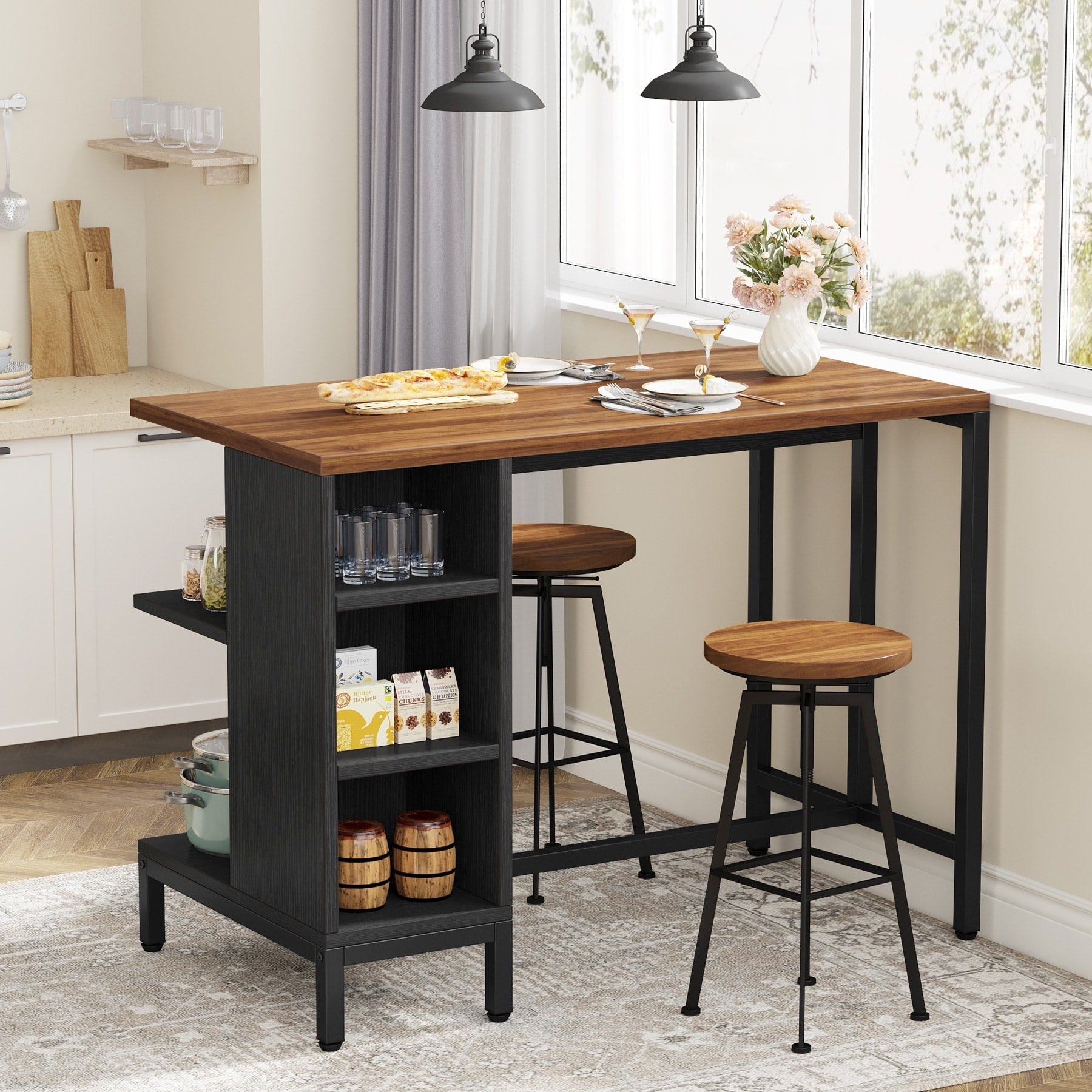 Îlot de cuisine large de 43 pouces, table de comptoir de cuisine avec 5 étagères ouvertes