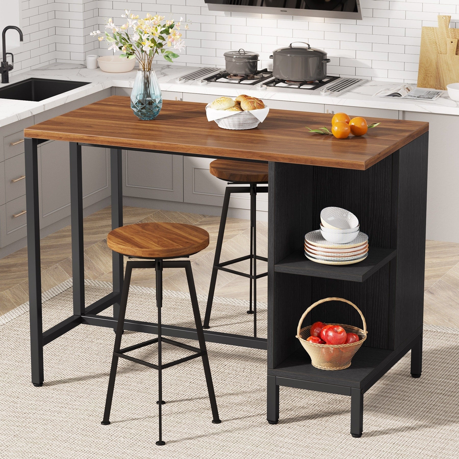 Îlot de cuisine large de 43 pouces, table de comptoir de cuisine avec 5 étagères ouvertes