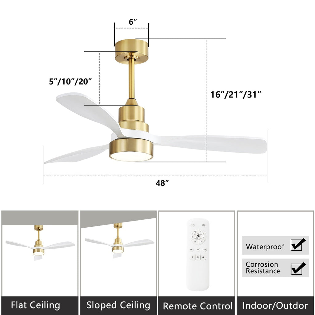 Ventilateur de plafond à LED intégré 48 et 52 pouces avec lumière et télécommande, moteur CC réversible