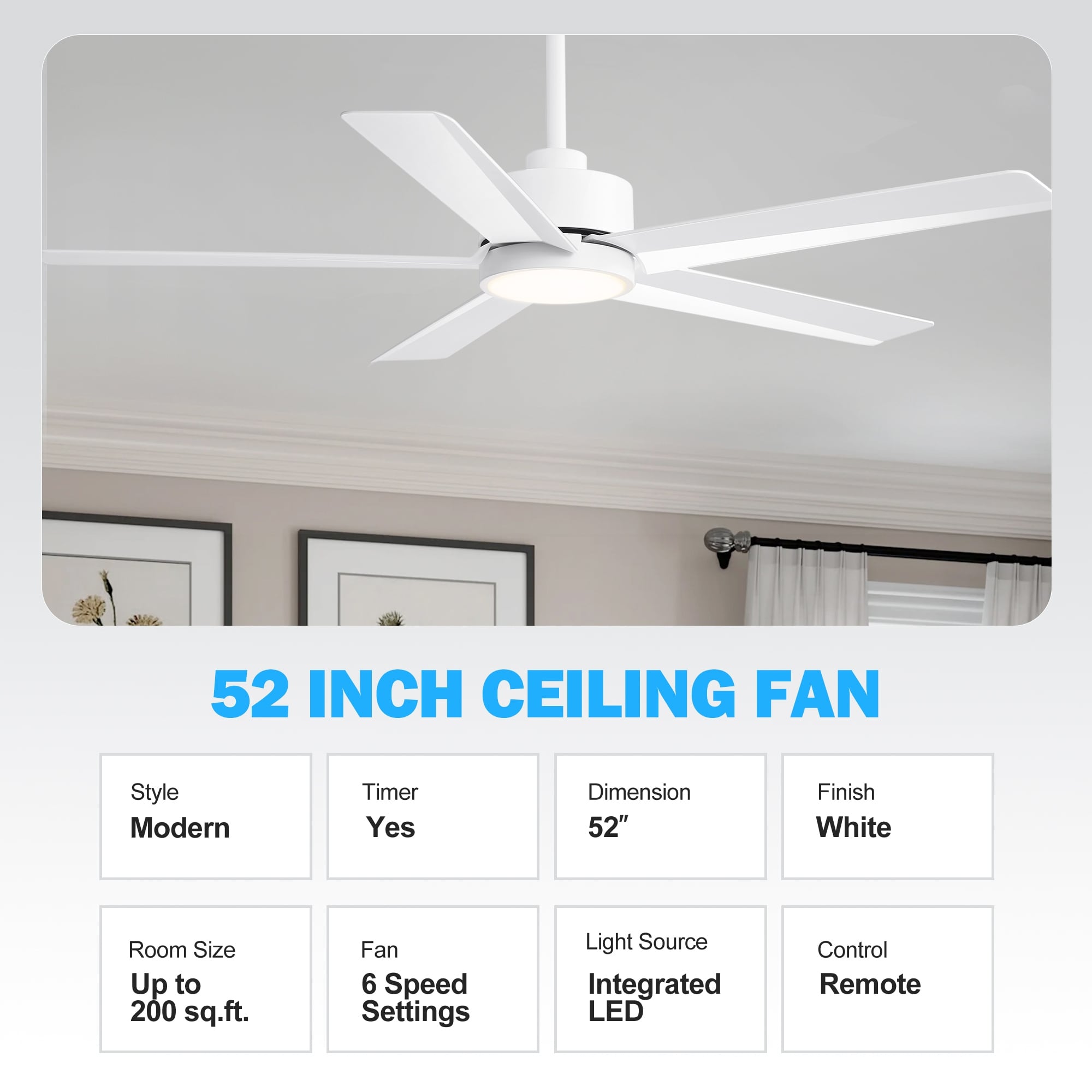 Ventilateur de plafond LED Breezary 65/52/42 à 5 pales avec kit d'éclairage et télécommande