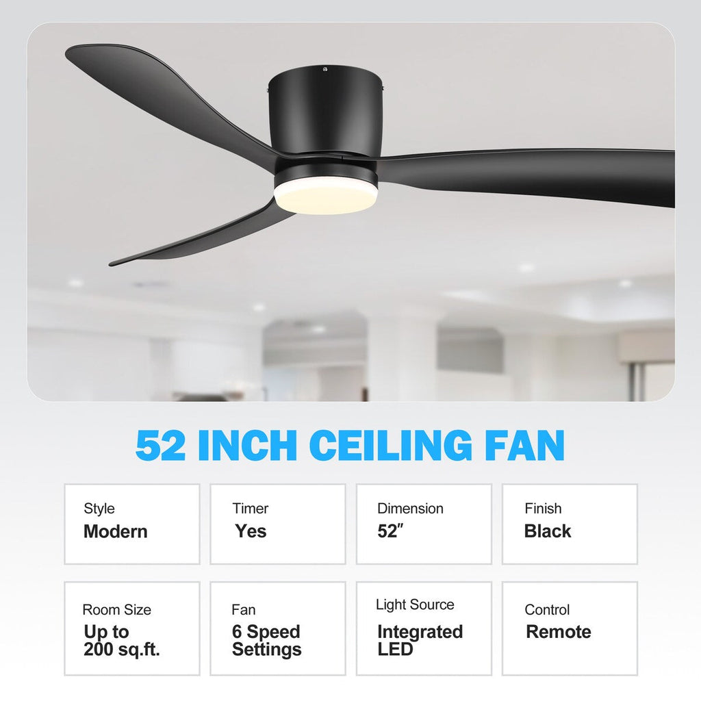 Ventilateur de plafond encastré à DEL noir/blanc de 52 pouces avec télécommande (3 pales)