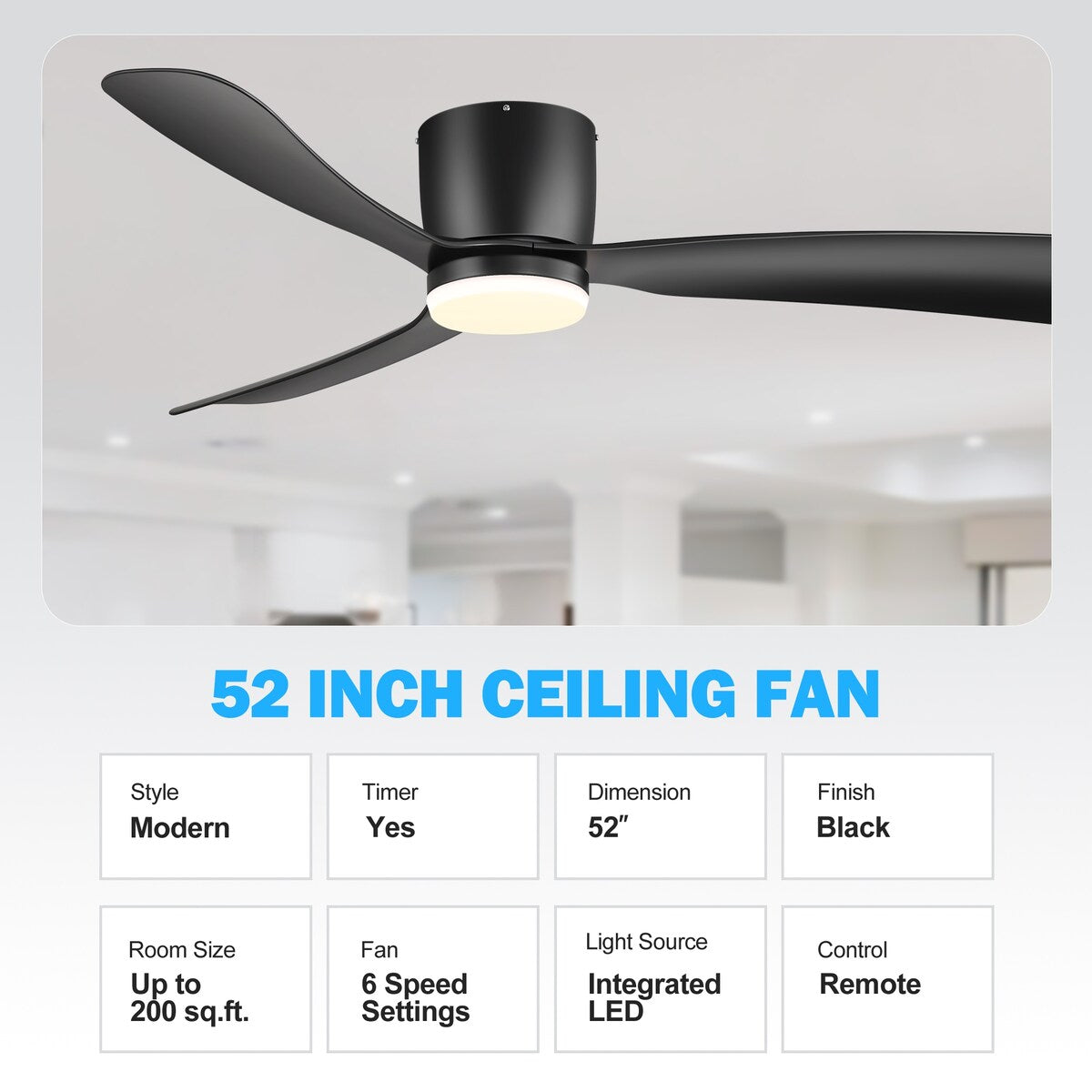 Ventilateur de plafond encastré à DEL noir/blanc de 52 pouces avec télécommande (3 pales)