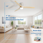 Ventilateur de plafond encastré de style campagnard de 52 pouces avec éclairage et télécommande, moteur CC réversible