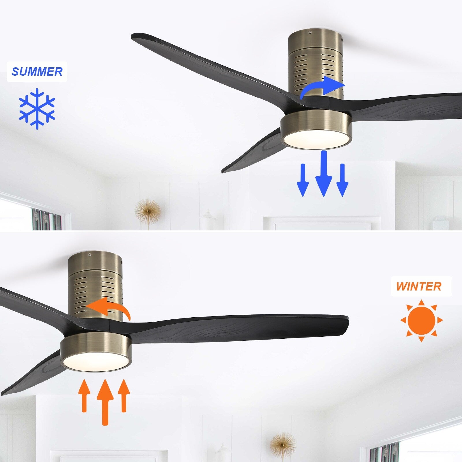 Ventilateur de plafond encastré de style campagnard de 52 pouces avec éclairage et télécommande, moteur CC réversible