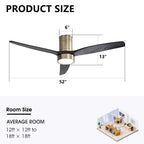 Ventilateur de plafond encastré de style campagnard de 52 pouces avec éclairage et télécommande, moteur CC réversible