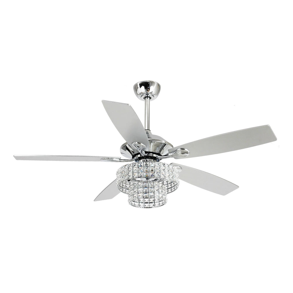 Ventilateur de plafond moderne en cristal et bois chromé de 52 pouces, 5 pales, avec télécommande