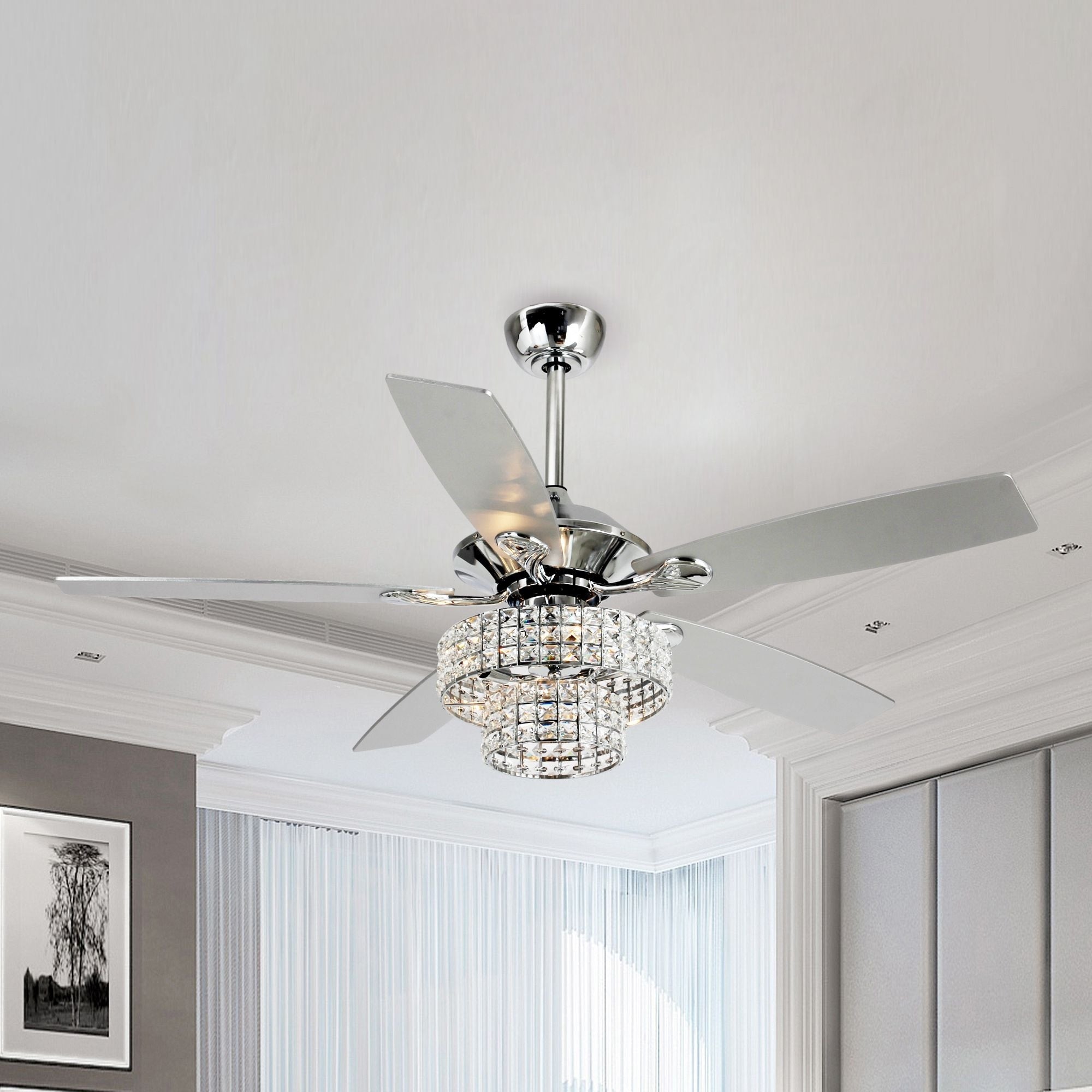 Ventilateur de plafond moderne en cristal et bois chromé de 52 pouces, 5 pales, avec télécommande