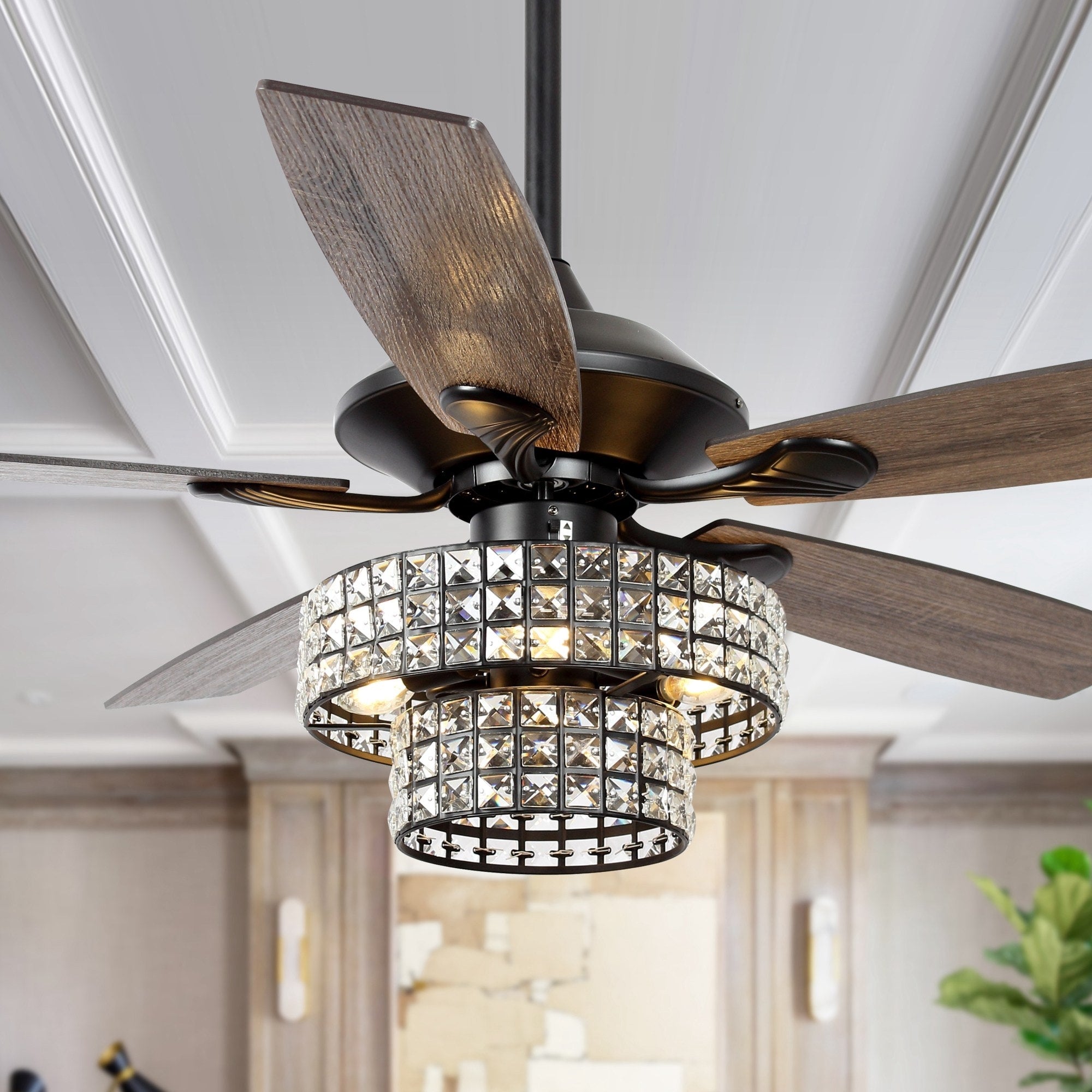 Ventilateur de plafond moderne en cristal et bois chromé de 52 pouces, 5 pales, avec télécommande