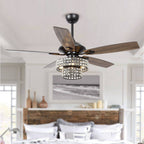 Ventilateur de plafond moderne en cristal et bois chromé de 52 pouces, 5 pales, avec télécommande