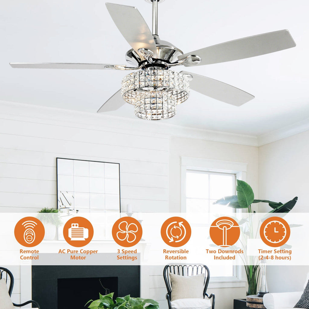 Ventilateur de plafond moderne en cristal et bois chromé de 52 pouces, 5 pales, avec télécommande