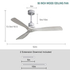 Ventilateur de plafond moderne en bois massif/ABS de 52 pouces avec télécommande (sans lumière), 6 vitesses de vent, flux d'air réversible