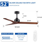 Ventilateur de plafond moderne en bois massif/ABS de 52 pouces avec télécommande (sans lumière), 6 vitesses de vent, flux d'air réversible