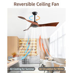 Ventilateur de plafond moderne en bois massif/ABS de 52 pouces avec télécommande (sans lumière), 6 vitesses de vent, flux d'air réversible
