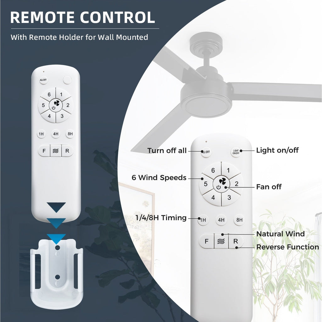 Ventilateur de plafond moderne en bois massif/ABS de 52 pouces avec télécommande (sans lumière), 6 vitesses de vent, flux d'air réversible