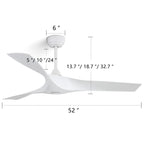 Ventilateur de plafond moderne en bois massif/ABS de 52 pouces avec télécommande (sans lumière), 6 vitesses de vent, flux d'air réversible