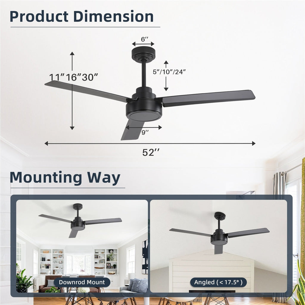 Ventilateur de plafond moderne en bois massif/ABS de 52 pouces avec télécommande (sans lumière), 6 vitesses de vent, flux d'air réversible