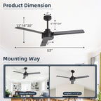 Ventilateur de plafond moderne en bois massif/ABS de 52 pouces avec télécommande (sans lumière), 6 vitesses de vent, flux d'air réversible