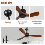 Ventilateur de plafond moderne en bois massif/ABS de 52 pouces avec télécommande (sans lumière), 6 vitesses de vent, flux d'air réversible