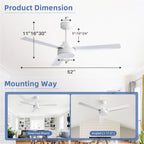 Ventilateur de plafond moderne en bois massif/ABS de 52 pouces avec télécommande (sans lumière), 6 vitesses de vent, flux d'air réversible