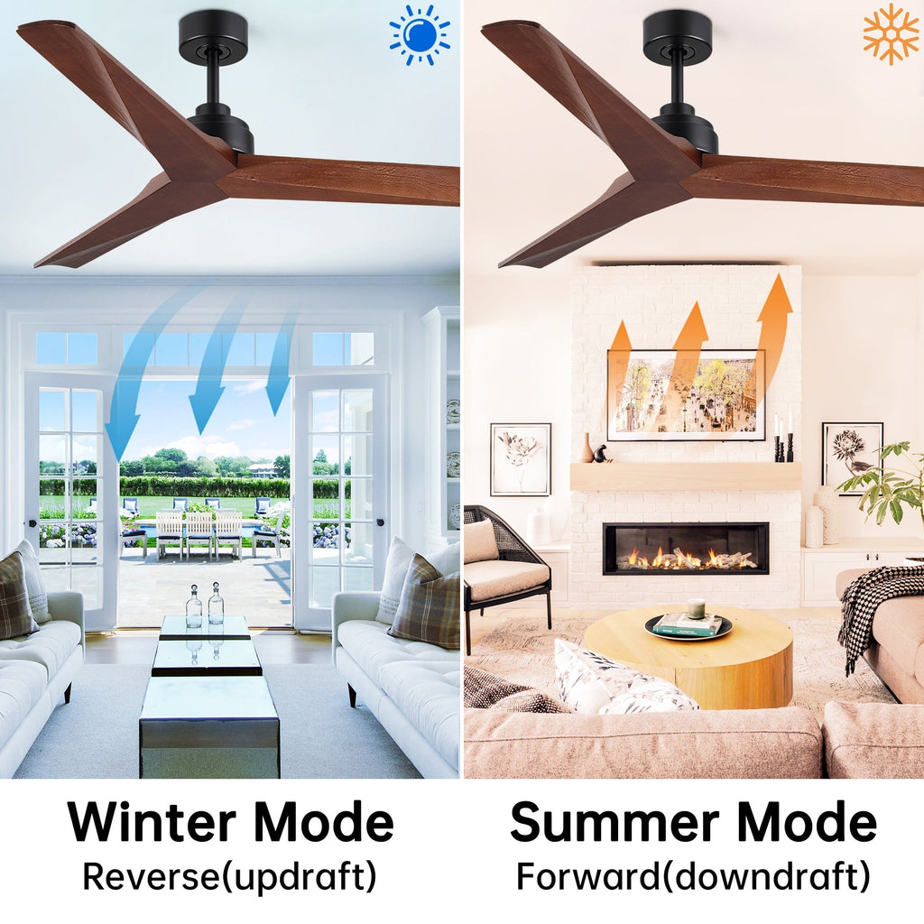Ventilateur de plafond moderne en bois massif/ABS de 52 pouces avec télécommande (sans lumière), 6 vitesses de vent, flux d'air réversible