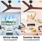 Ventilateur de plafond moderne en bois massif/ABS de 52 pouces avec télécommande (sans lumière), 6 vitesses de vent, flux d'air réversible