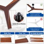Ventilateur de plafond moderne en bois massif/ABS de 52 pouces avec télécommande (sans lumière), 6 vitesses de vent, flux d'air réversible