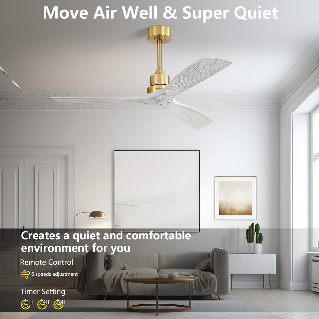 Ventilateur de plafond moderne en bois massif/ABS de 52 pouces avec télécommande (sans lumière), 6 vitesses de vent, flux d'air réversible