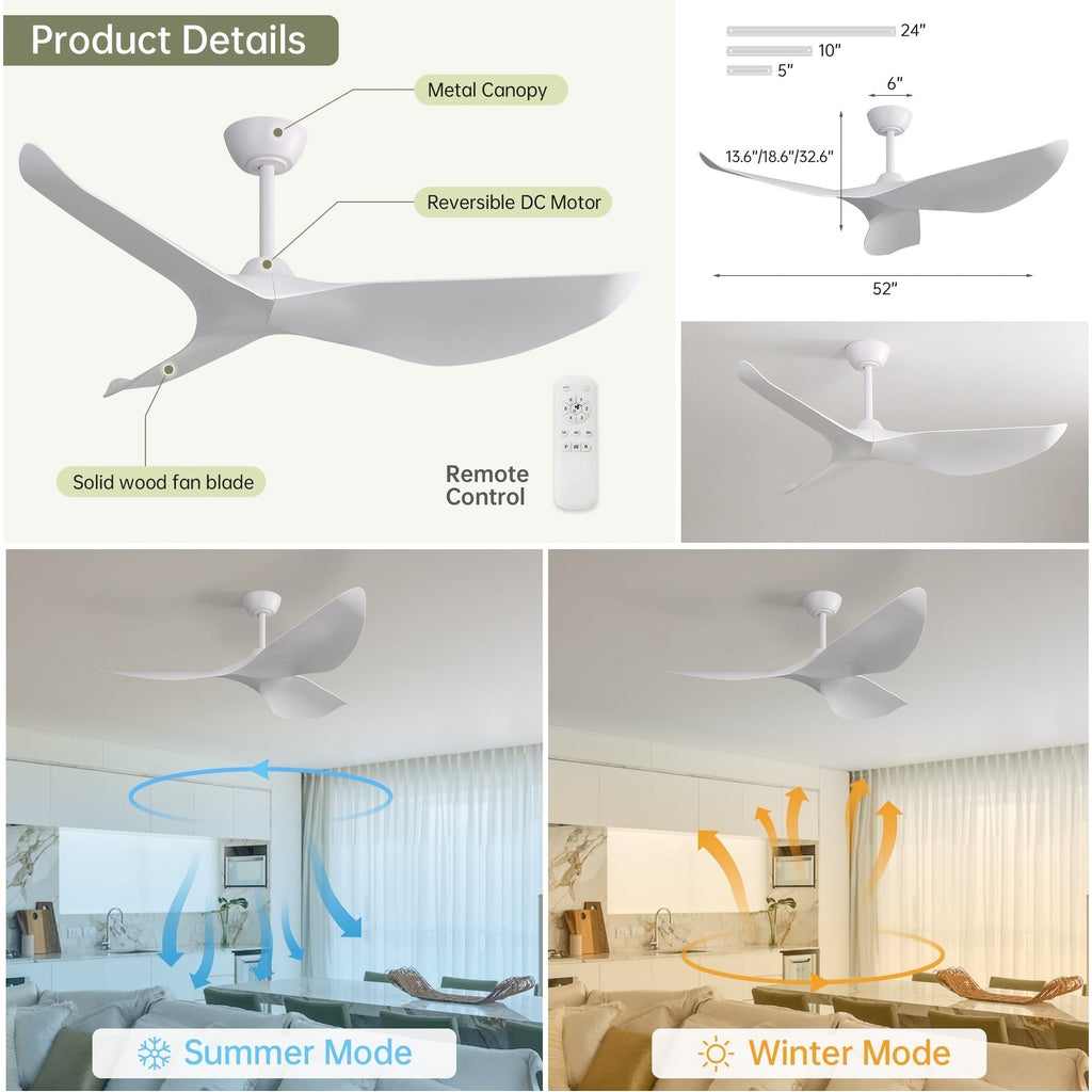 Ventilateur de plafond moderne en bois massif/ABS de 52 pouces avec télécommande (sans lumière), 6 vitesses de vent, flux d'air réversible