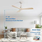 Ventilateur de plafond moderne en bois massif/ABS de 52 pouces avec télécommande (sans lumière), 6 vitesses de vent, flux d'air réversible