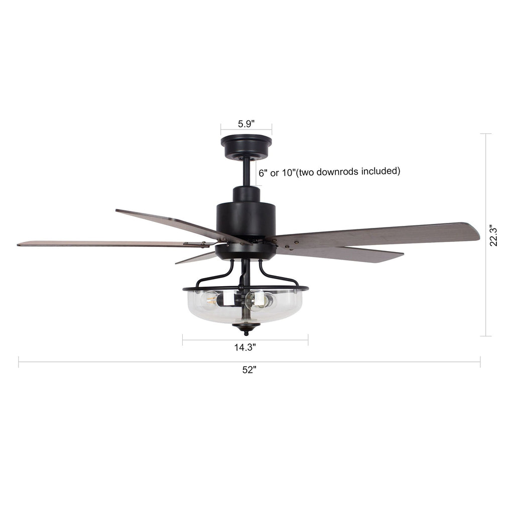Ventilateur de plafond réversible en bois de 52 pouces, 5 pales et 3 lumières, avec télécommande