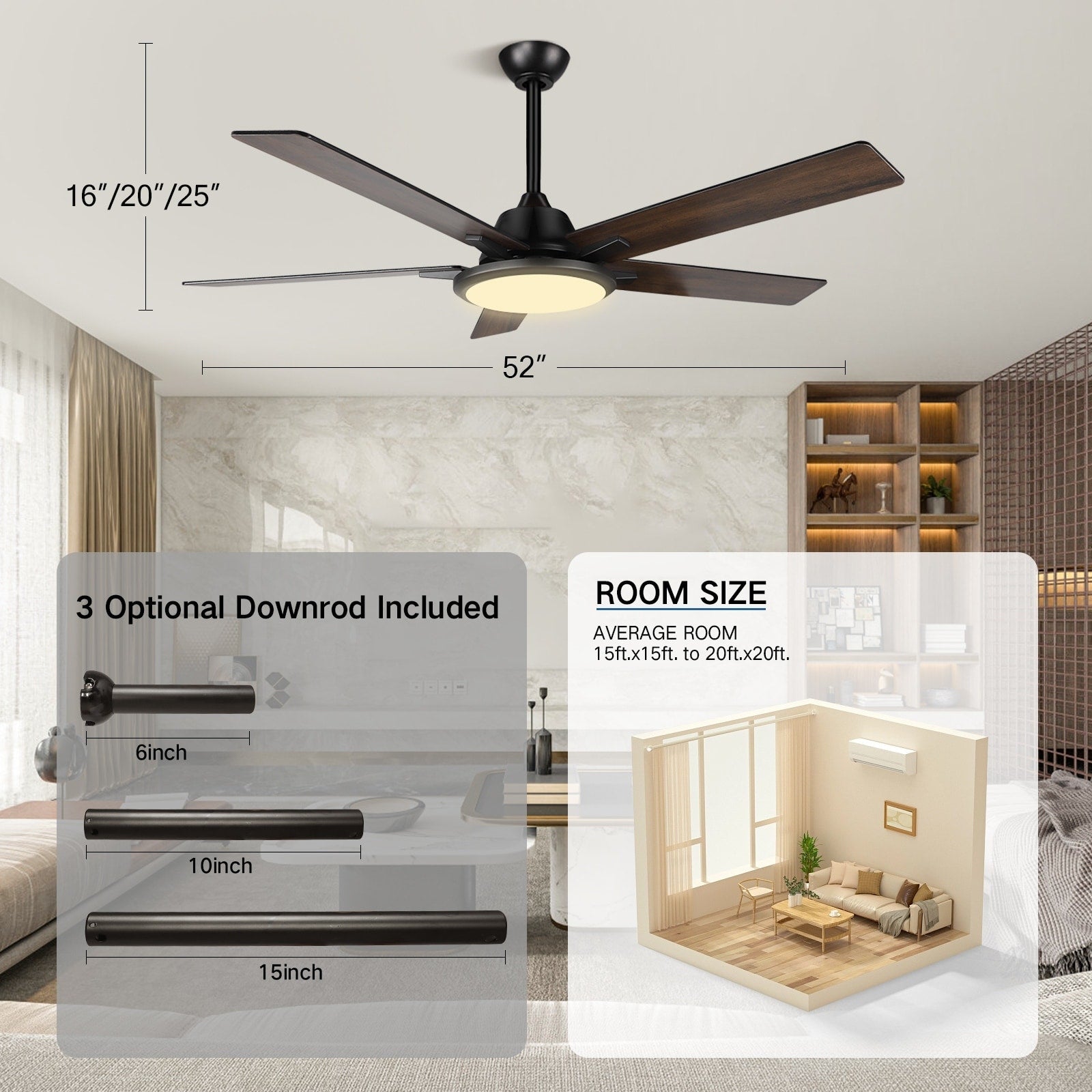 52 ventilateurs de plafond modernes avec lumières et télécommande, LED à intensité variable