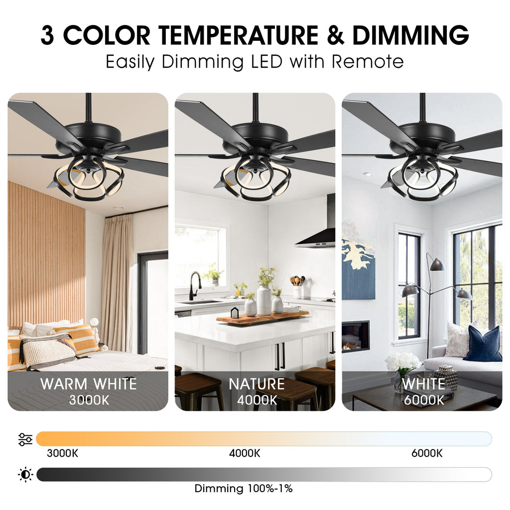 Ventilateur de plafond LED d'intérieur moderne chromé/noir à intensité variable avec lumière et télécommande