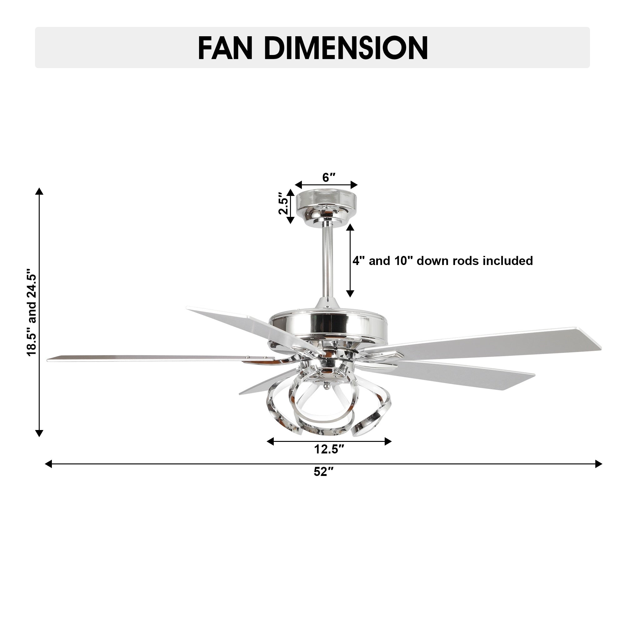 Ventilateur de plafond LED d'intérieur moderne chromé/noir à intensité variable avec lumière et télécommande