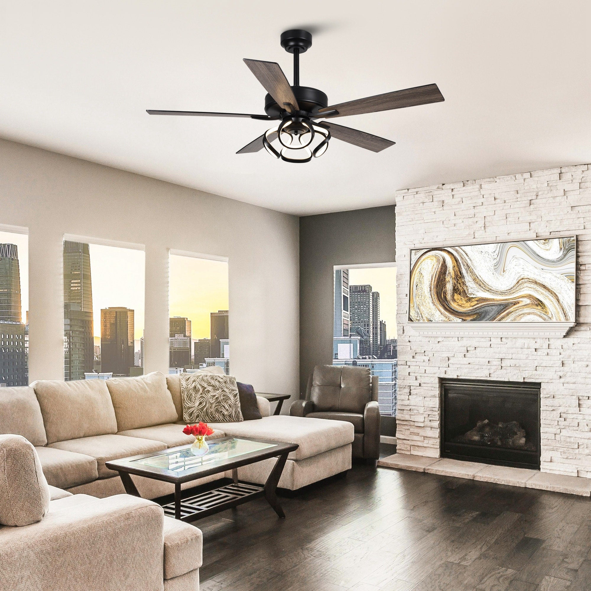 Ventilateur de plafond LED d'intérieur moderne chromé/noir à intensité variable avec lumière et télécommande