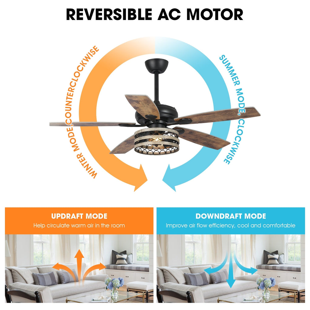 Ventilateur de plafond cage noir à 5 pales Farmhouse Driftwood avec télécommande