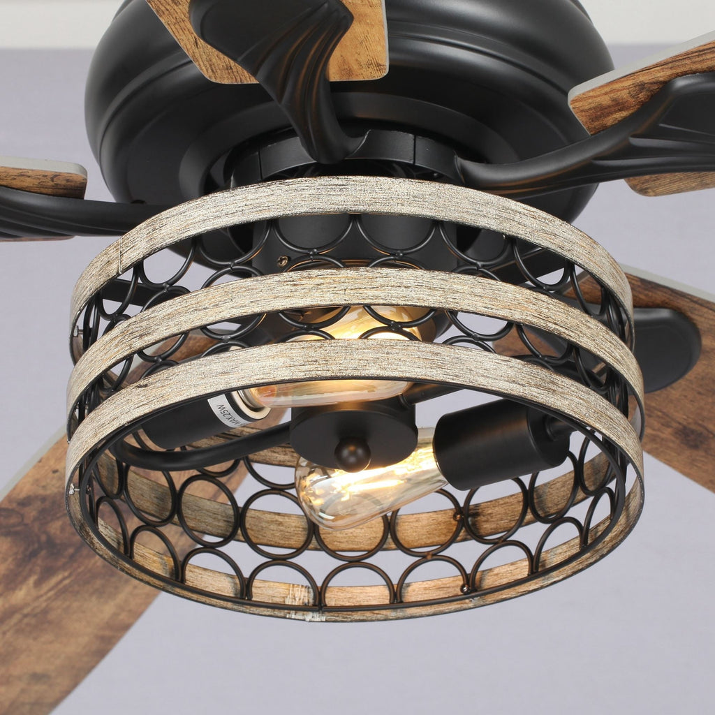 Ventilateur de plafond cage noir à 5 pales Farmhouse Driftwood avec télécommande