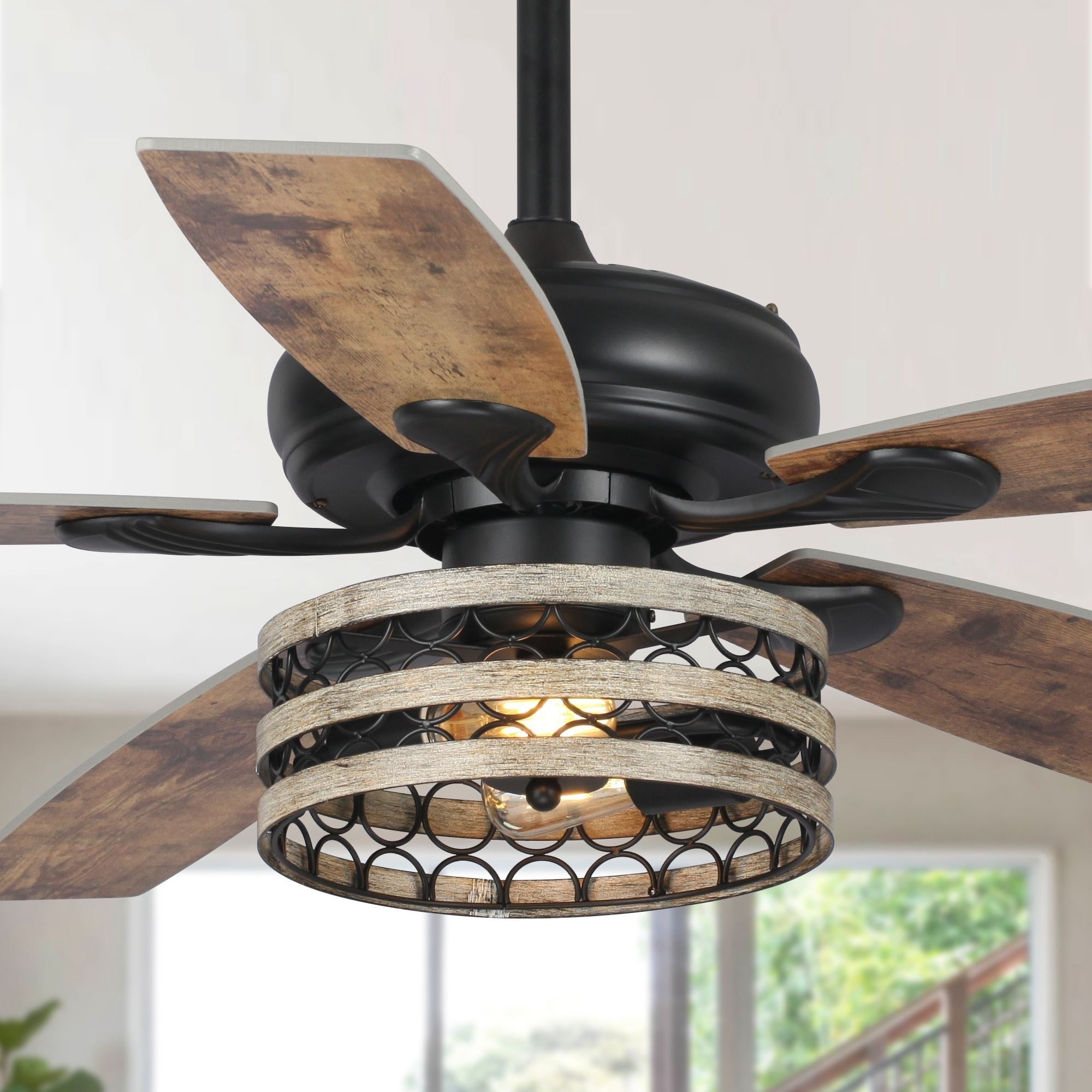 Ventilateur de plafond cage noir à 5 pales Farmhouse Driftwood avec télécommande