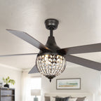 Ventilateur de plafond industriel en bois noir à 5 pales et cristal avec télécommande
