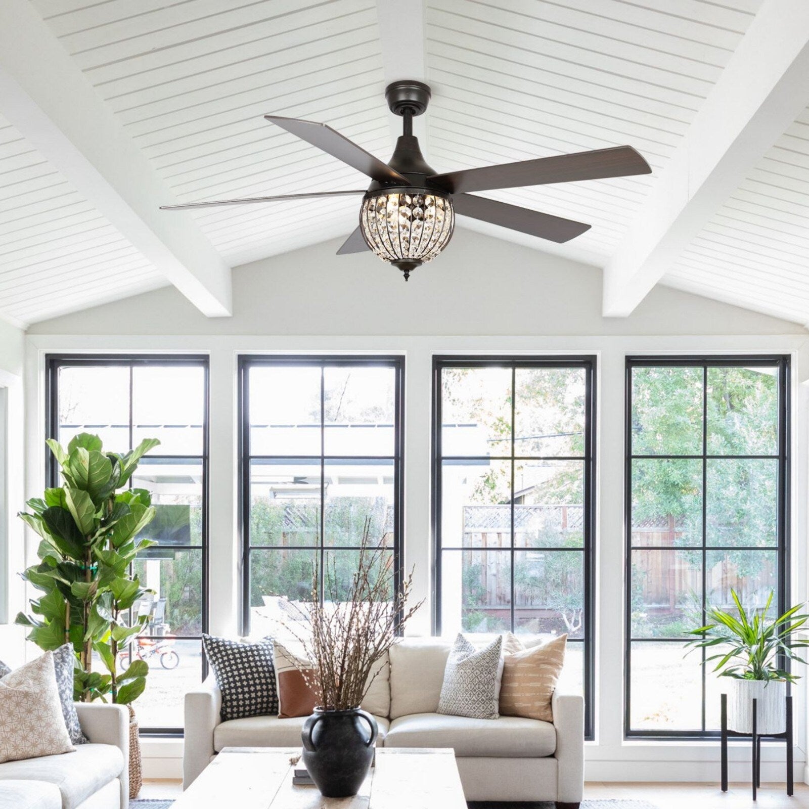 Ventilateur de plafond industriel en bois noir à 5 pales et cristal avec télécommande