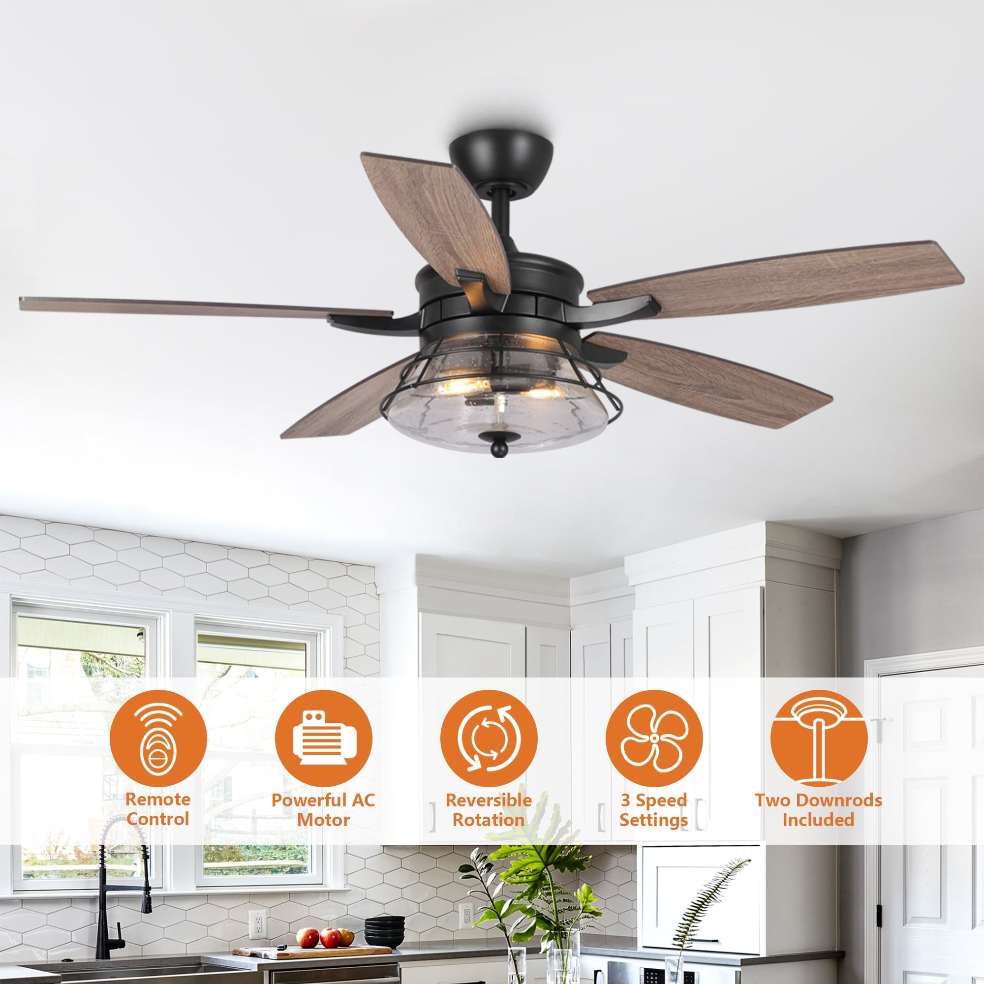 Ventilateur de plafond décoratif industriel en verre grainé noir de 52 pouces avec télécommande et kit d'éclairage